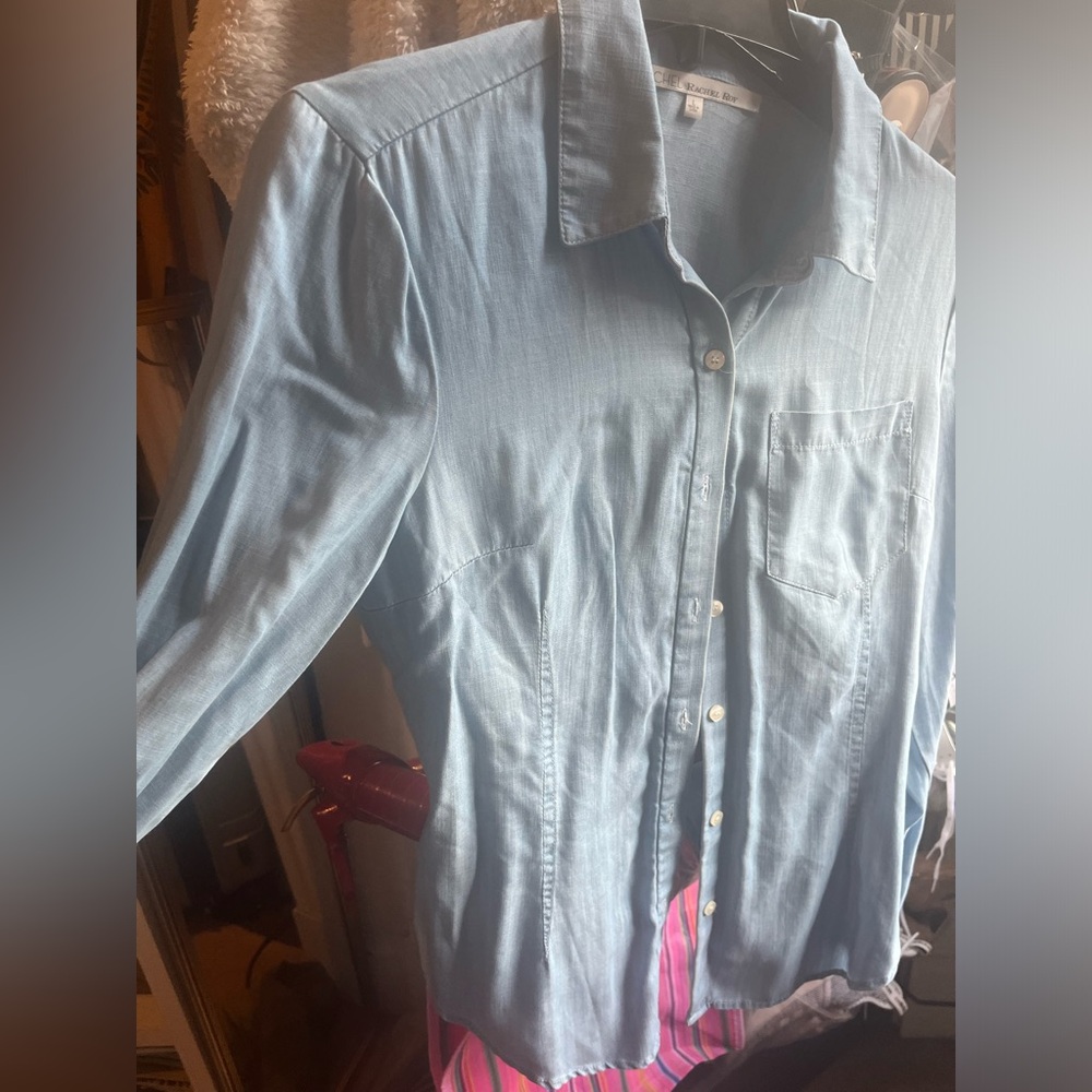 Denim like soft button down with cute back detail